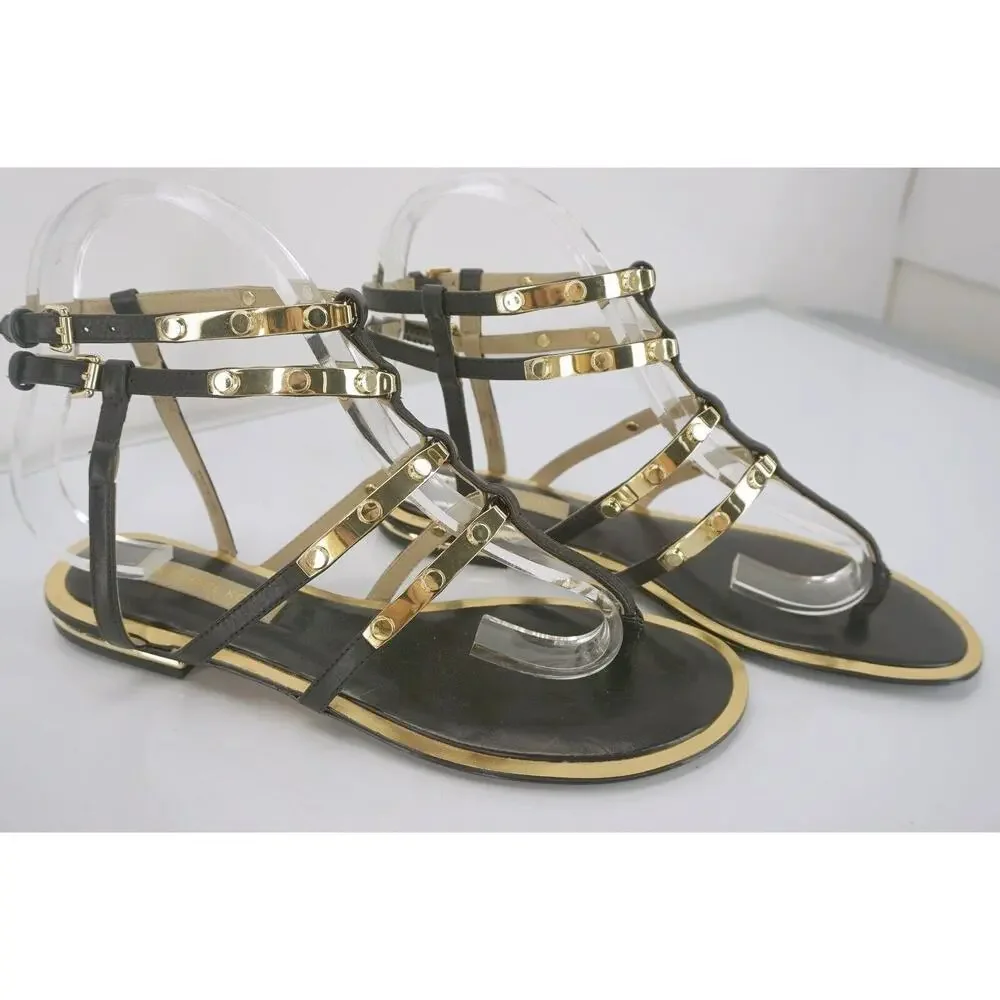 Michael Kors Hollie Studded Ankle Strappy Caged Thong Sandal SZ 6.5 Gold $350